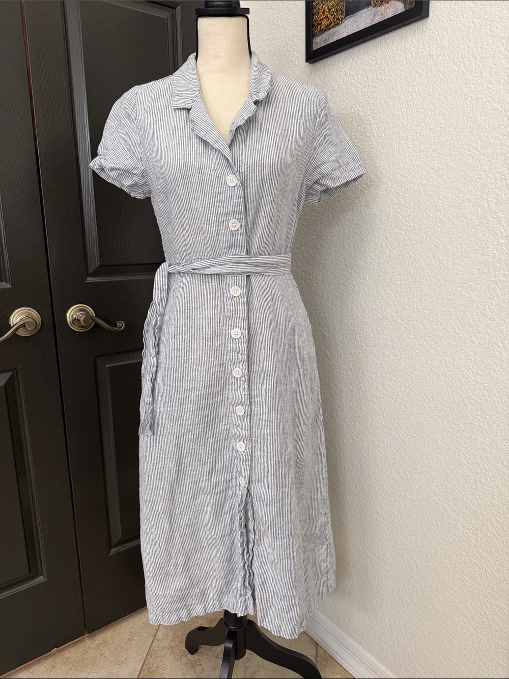 Quince Light Blue Striped Button-Front Midi Dress with Tie Belt